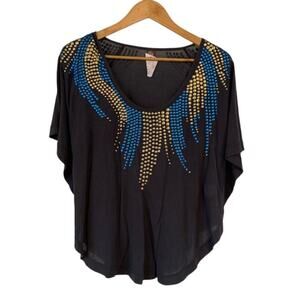 FREE PEOPLE Blue & Gold Sequin Batwing Top | M